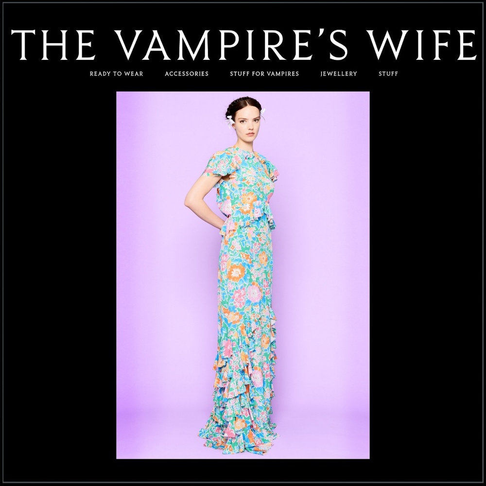 $3075 The Vampire’s Wife ‘The Frill Seeker’ Floral Print Ruffled Silk Maxi Dress